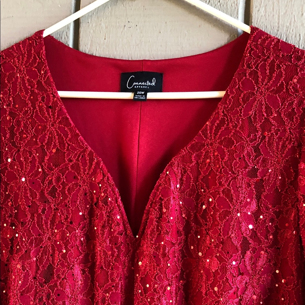 CONNECTED APPAREL Red Lace Short-Sleeve V-Neck Maxi Dress - Picture 6 of 14
